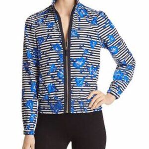 Kate Spade Women's Black and White Striped Bomber Jacket with Blue Floral Medium